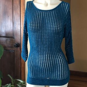 Express S P teal metallic open work tunic sweater